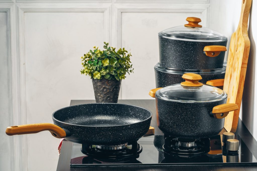 Frying pan on the gas stove in a kitchen